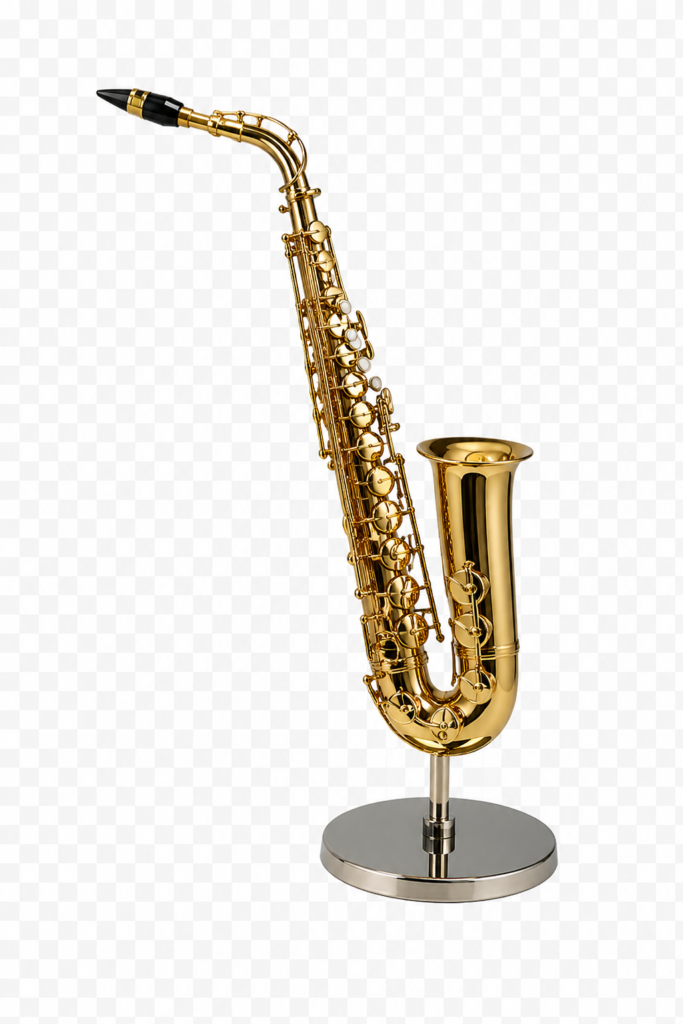 Figura decorativa de saxofón dorado con soporte ideal para decoración elegante del hogar