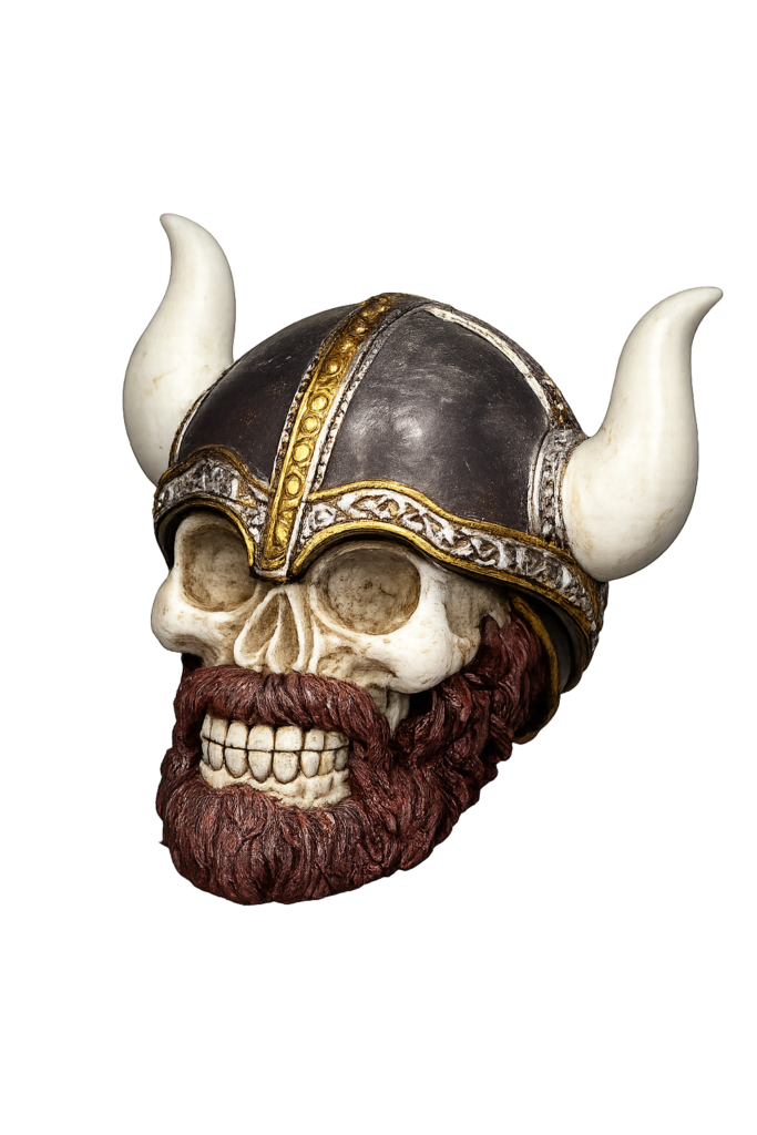 Calavera decorativa con casco vikingo y barba ideal para decoración temática nórdica