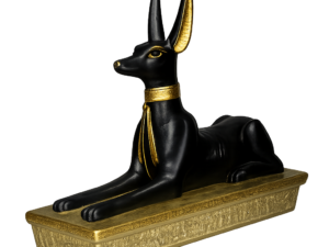 Figura decorativa de Anubis egipcio en negro y dorado con base estilo jeroglífico