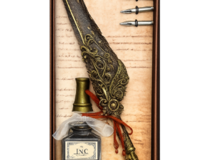 pluma clasica decorativa con tintero vintage en marco elegante