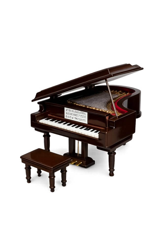 Piano de cola decorativo de madera con banco, figura elegante para decoración del hogar