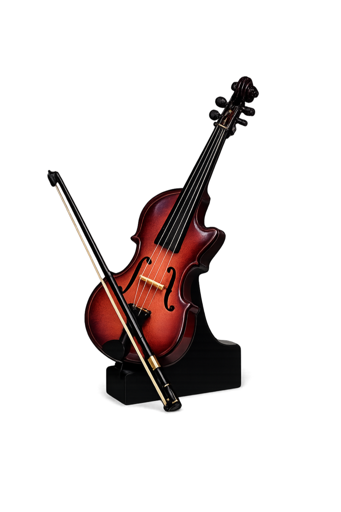Figura decorativa de violín clásico color oscuro con arco y soporte para decoración elegante